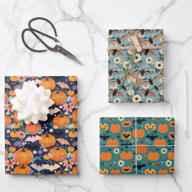 Hoja De Papel De Regalo Calabazas y flores de los murciélagos de Halloween (Anverso)
