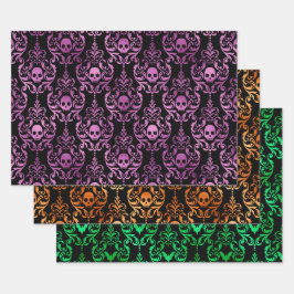 Hoja De Papel De Regalo Calavera de Halloween Damask en Púrpura, Naranja, 