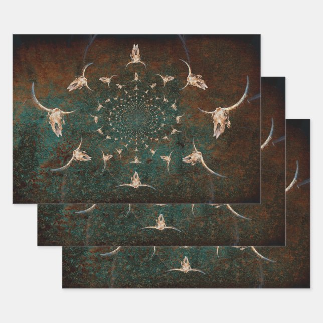 Hoja De Papel De Regalo Calavera del toro Verde azulado de textura marrón  (Set)