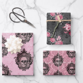 Hoja De Papel De Regalo Calavera gótica gótica rosa victoriana y Damasco