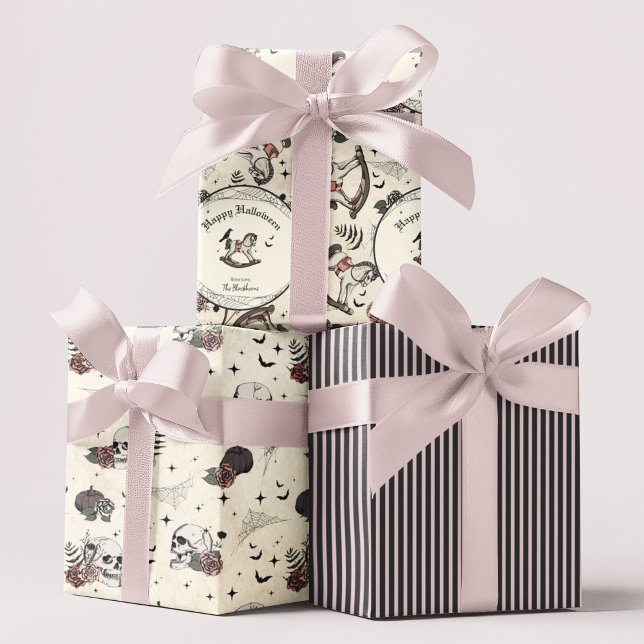 Hoja De Papel De Regalo Calavera gótica rosa Roses Calabaza Chica Hallowee (Gothic Halloween Baby Girl Pattern. Rocking Horse, Cute Goth Skulls & Roses, Pink & Black Stripes)