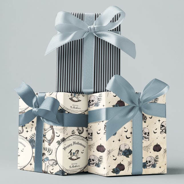 Hoja De Papel De Regalo Calavera gótica Rosas azules calabaza niño Hallowe (Gothic Happy Halloween Gift Wrap in Blue. Spooky Vintage Rocking Horse, Raven, Skulls, Blue Roses...)