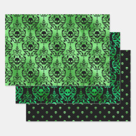 Hoja De Papel De Regalo Calavera Verde Patrón de Damasco de Halloween