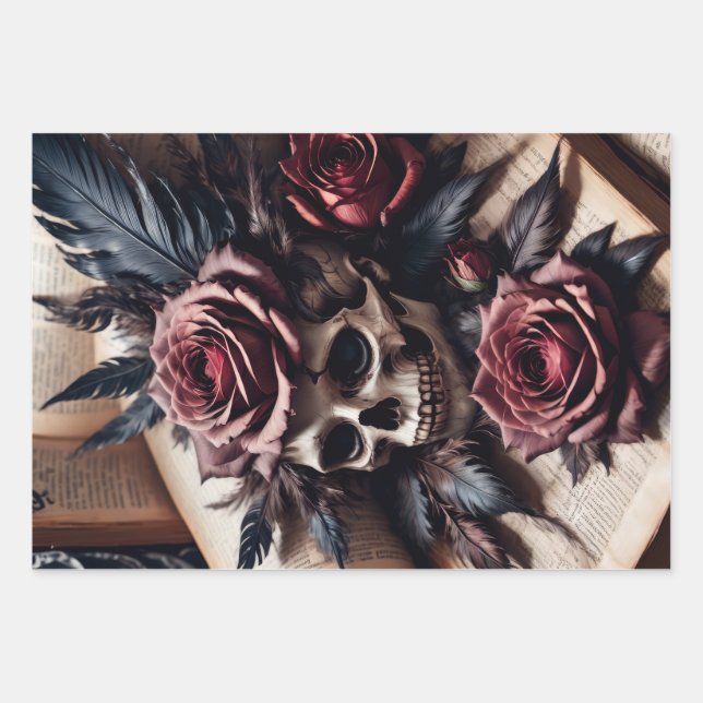 Hoja De Papel De Regalo Calavera y Rosas (Anverso)