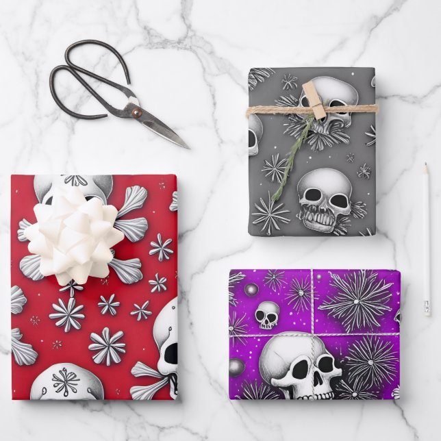 Hoja De Papel De Regalo Calaveras caprichosas y copos de nieve Navidades g (Anverso)