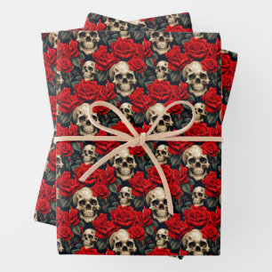 Hoja De Papel De Regalo Calaveras con Gótico de Rosas rojos y negros San V