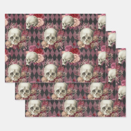 Hoja De Papel De Regalo Calaveras con Rosas y púrpura rosada a cuadros