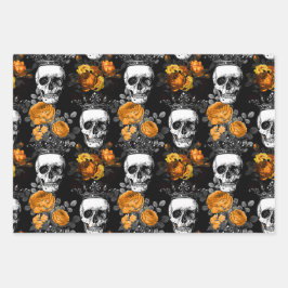 Hoja De Papel De Regalo Calaveras cortadas con Rosas Naranjas