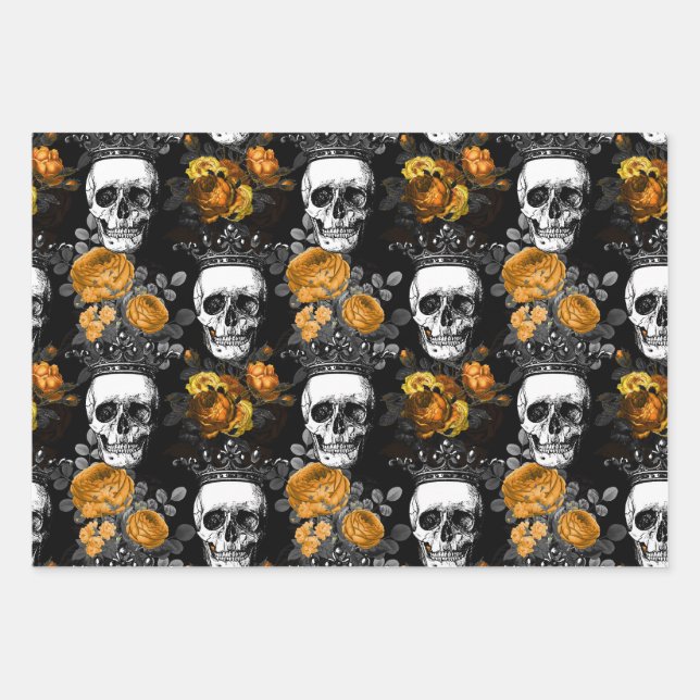 Hoja De Papel De Regalo Calaveras cortadas con Rosas Naranjas (Anverso)