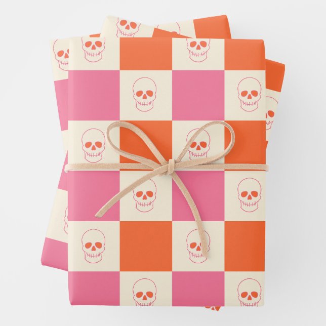 Hoja De Papel De Regalo Calaveras de tablero de ajedrez en rosa, Naranja y (In situ)