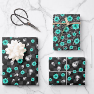 Hoja De Papel De Regalo Calaveras de Turquesa y Diseño de la Serie Girasol