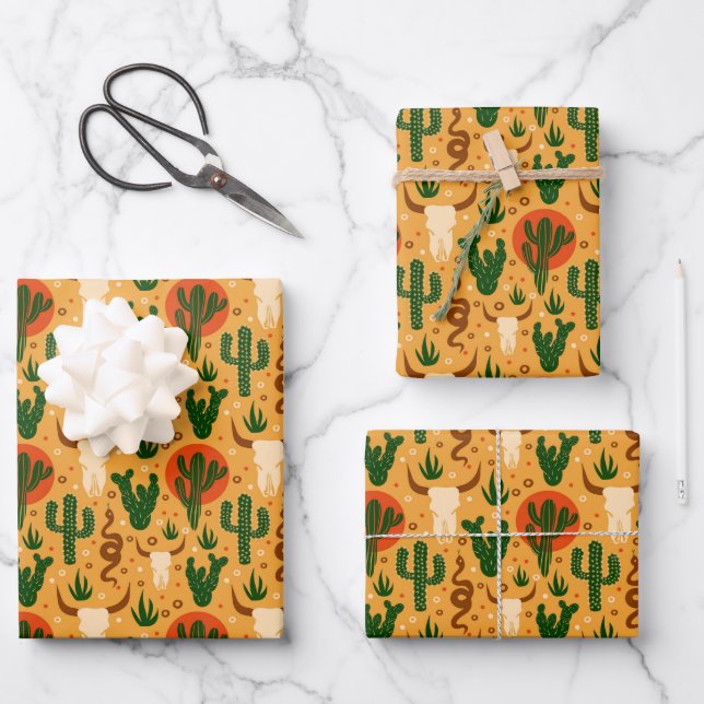 Hoja De Papel De Regalo Calaveras del desierto del Oeste Cactus serpientes (Anverso)