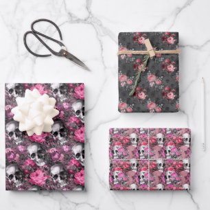 Hoja De Papel De Regalo Calaveras Florales Goth de Rosa y Negro