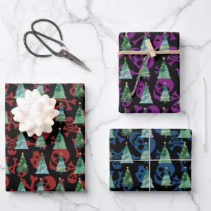 Hoja De Papel De Regalo Calaveras góticas árboles de Navidad rojos púrpura