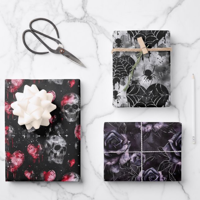 Hoja De Papel De Regalo Calaveras góticas de amor y corazones rojos (Anverso)