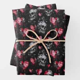 Hoja De Papel De Regalo Calaveras góticas de amor y corazones rojos