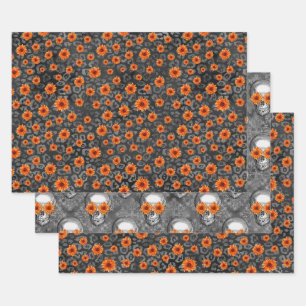 Hoja De Papel De Regalo Calaveras naranjas y diseño de la serie girasol 4