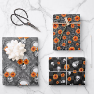 Hoja De Papel De Regalo Calaveras naranjas y diseño de la serie girasoles