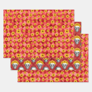 Hoja De Papel De Regalo Calaveras rojas y diseño de la serie girasol 9