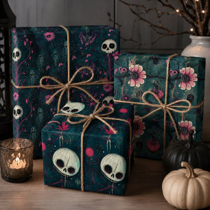 Hoja De Papel De Regalo Calaveras y flores góticas rosadas y moradas de Ha