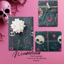 Hoja De Papel De Regalo Calaveras y flores góticas rosadas y moradas de Ha