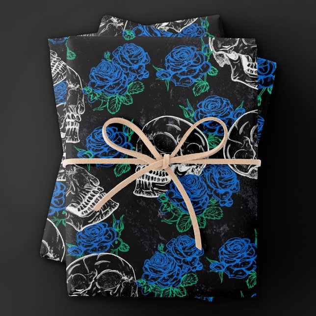 Hoja De Papel De Regalo Calaveras y Rosas azules | Guay Funky Dark Grunge (Subido por el creador)