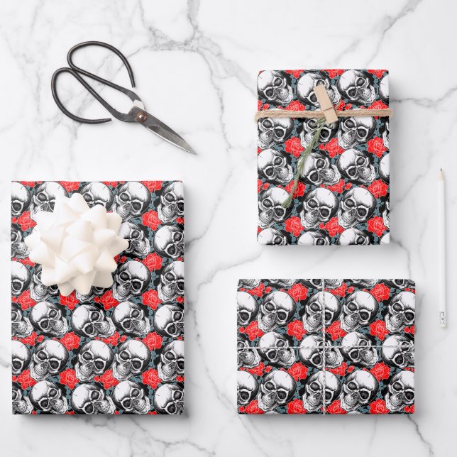 Hoja De Papel De Regalo Calaveras y rosas rojas (Anverso)