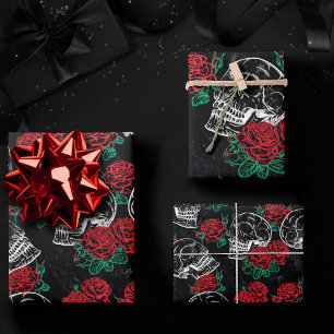 Hoja De Papel De Regalo Calaveras y rosas rojas   Gótico moderno Glam Grun