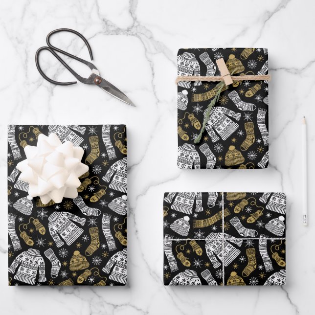 Hoja De Papel De Regalo Calcetines Gorro Guantes Suéter de Navidad Copos d (Anverso)