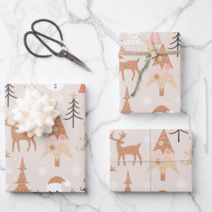 Hoja De Papel De Regalo Cálido árbol de Navidad rosado y reno de muñeco de