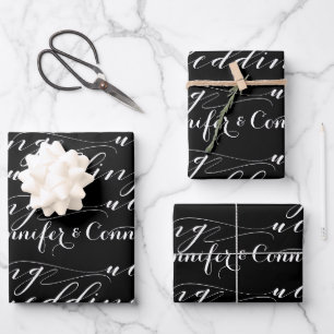 Hoja De Papel De Regalo Caligrafía blanca negra y bella Añadir nombre Boda