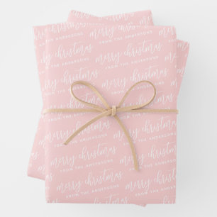 Hoja De Papel De Regalo Caligrafía Feliz Navidad Familia Pastel rosa
