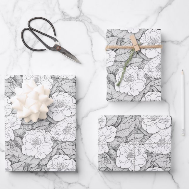 Hoja De Papel De Regalo Camellia en blanco y negro (Anverso)