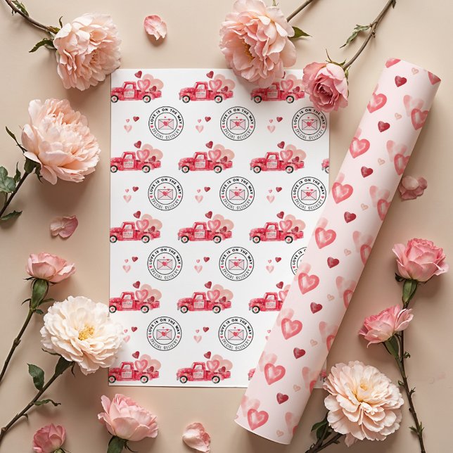 Hoja De Papel De Regalo Camión acuarela especial de Valentine Hearts (Special Delivery Valentine Hearts Watercolor Truck Wrapping Paper Sheets)