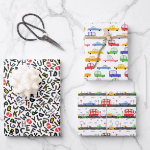 Hoja De Papel De Regalo Camión de Construcción y Patrón de Alfabeto 