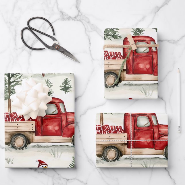 Hoja De Papel De Regalo Camión rojo con regalos y muñeco de nieve (Anverso)