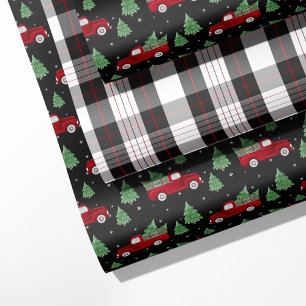 Hoja De Papel De Regalo Camión Rojo Rústico y Navidad de Cuadros