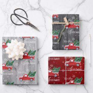 Hoja De Papel De Regalo Camión Vintage Rojo Con Árboles De Navidad