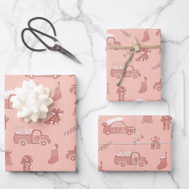 Hoja De Papel De Regalo Camiones Campanas Patrón Navidades rosados Rosas l (Anverso)