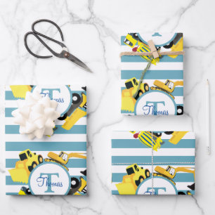 Hoja De Papel De Regalo Camiones de construcción Bandas azules Monograma