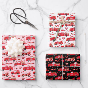 Hoja De Papel De Regalo Camiones de San Valentín en rosa, blanco y negro