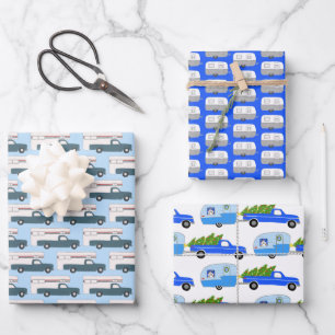 Hoja De Papel De Regalo Camiones RV Cute Xmas Trailers Coloridos Blue