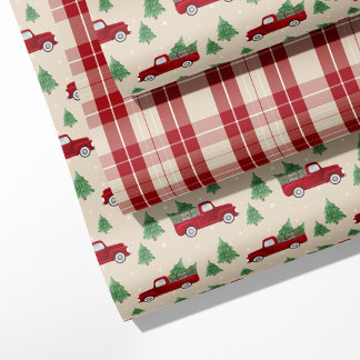 Hoja De Papel De Regalo Camioneta Roja Rústica y Cuadros de Navidad