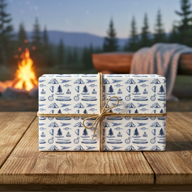 Hoja De Papel De Regalo Camping Adventure Blue Hand Draing Paper (Camping Adventure Blue Wrapping Paper)