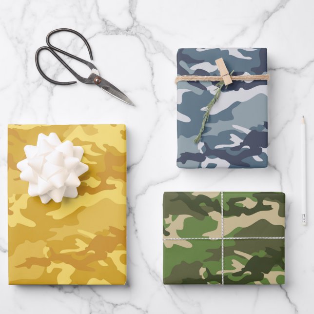 Hoja De Papel De Regalo Camuflaje de Camo Verde Amarillo, Azul y Grasa (Anverso)