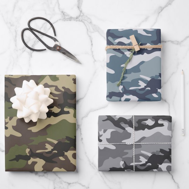 Hoja De Papel De Regalo Camuflaje de camo verde, azul y gris (Anverso)
