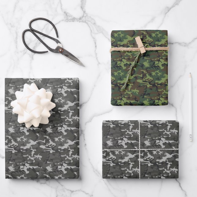 Hoja De Papel De Regalo Camuflaje gris y verde  (Anverso)