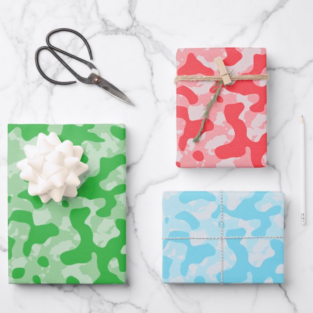 Hoja De Papel De Regalo Camuflaje verde rojo y azul (Anverso)