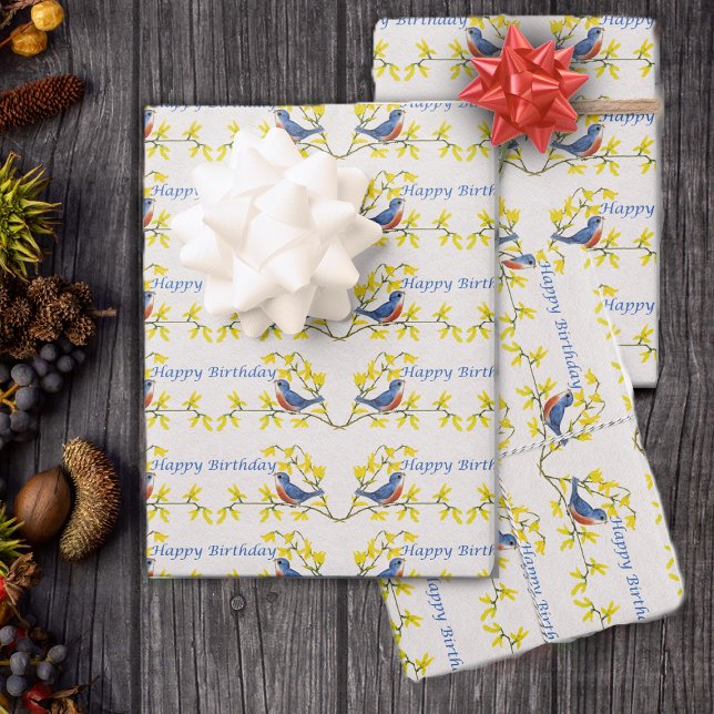 Hoja De Papel De Regalo Cantando Feliz Cumpleaños Flores de Aves Rojas Azu (Happy Birthday blue red birds on branches with pretty yellow flowers on white gift wrapping paper.)