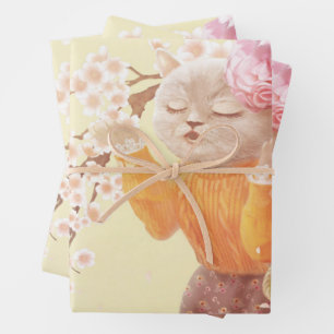 Hoja De Papel De Regalo Cantando gato con cesta de flores